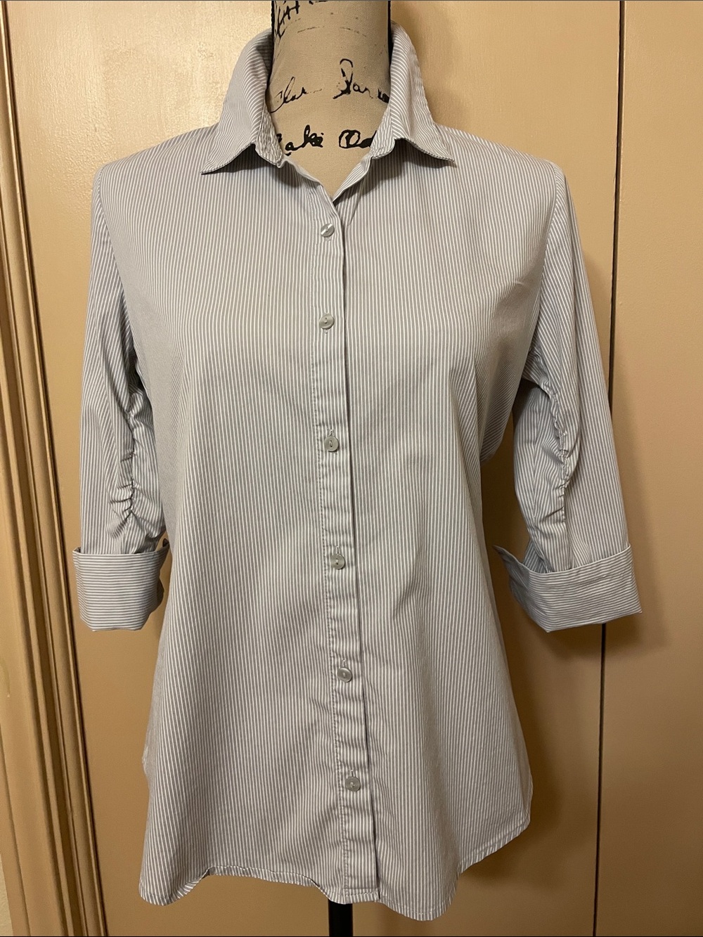 Classic Women’s, Light Gray Pinstripe, Quarter Length Sleeve, Button Down